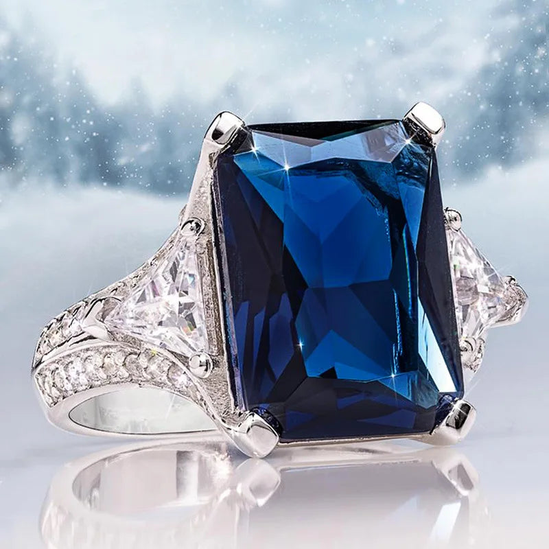 CAOSHI New Jewelry Super Large Rectangular Bright Royal Blue Glossy CZ Anillos Gifts for Mom Big Blue Ring Silver Noblewoman