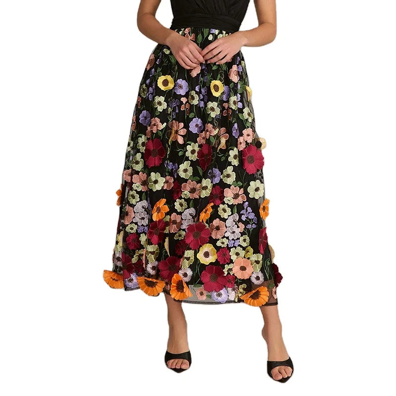 TWOTWINSTYLE Elegant Patchwork Appliques Embroidery Skirt High Waist Long Skirts for Women