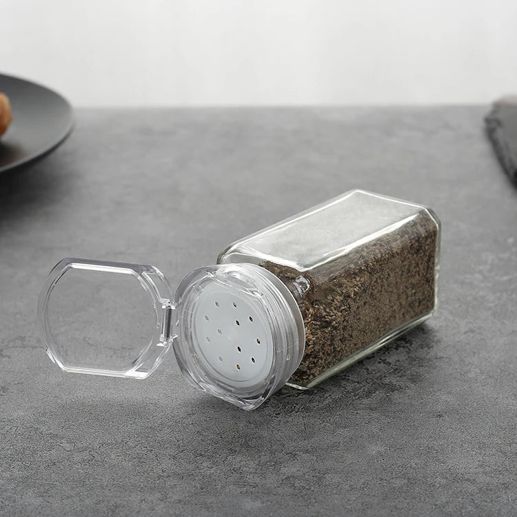Cheap Plastic Shake Lid LFGB Certificated Customize logo 100ml Empty square Pocket Salt and Pepper Shaker with Glass Bottle