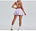 Women's Two-Piece Summer Fitness Set Breathable High Waist Sport Skirt with Padded Cross Back Gym Top Lightweight Solid Pattern