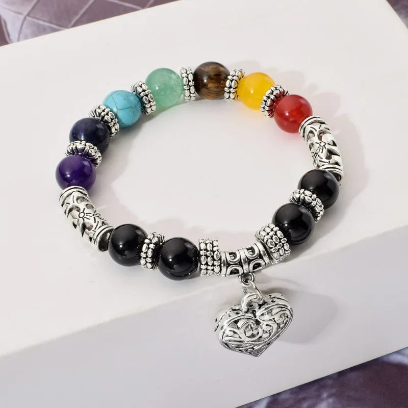 Handmade 10mm Beaded Bracelet for Women Reiki Healing Crystal Heart Pendant Charm Gemstone Bracelet for Anniversary Jewelry