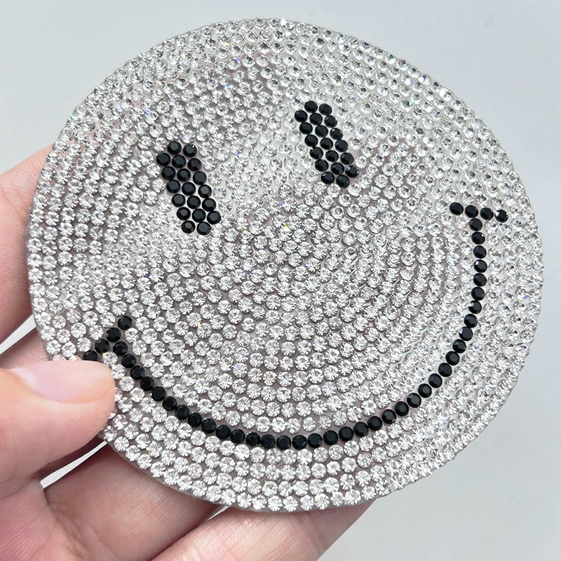Glitter Smile Face Iron-on Patches for Garments for Bags and Shoes-Rhinestone Trim Applique