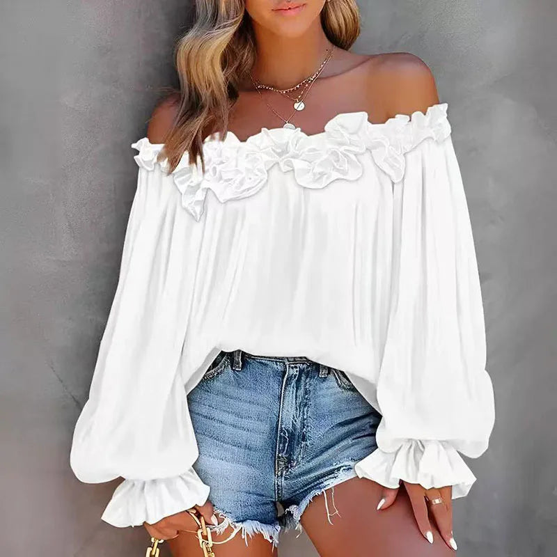 RNSHANGER Summer New Women's Blouses Sexy One Neck Off Shoulder Fashion Lotus Leaf Sleeve Shirt Casual Loose Long Sleeve Shirt