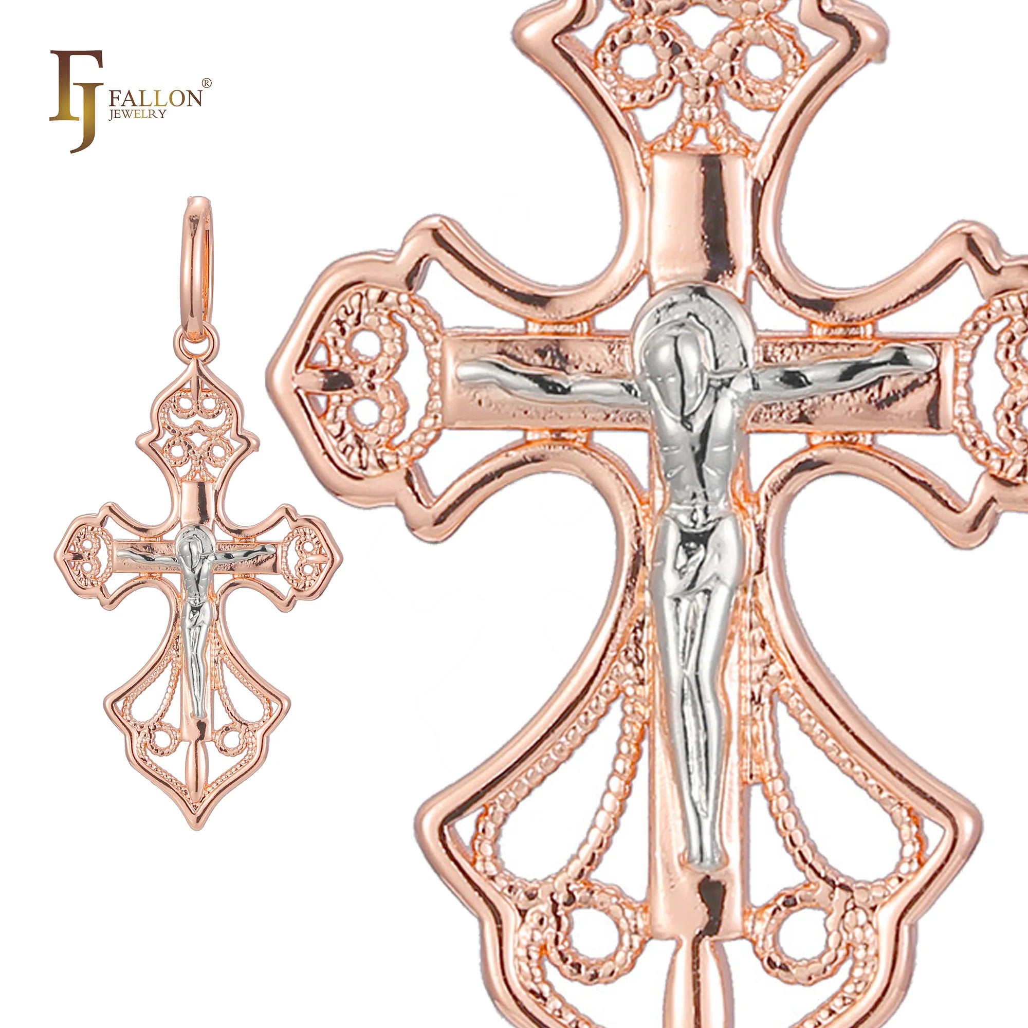 FJ Fallon Fashion Jewelry Catholic Cross Budded Pendant Plated in Rose Gold Two Tone Brass Based