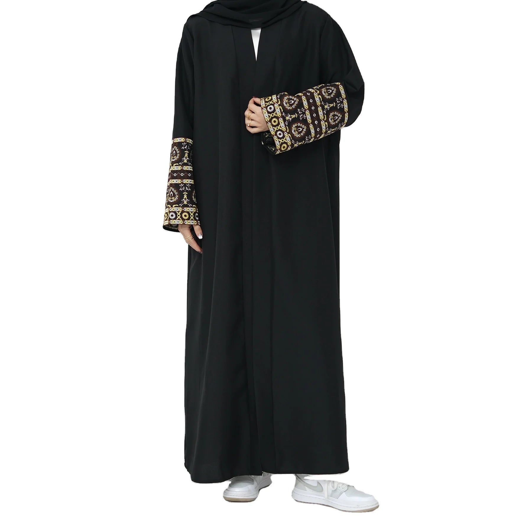 Wholesale Price Solid Color Classic Open Style Breathable Linen Fabric Embroidery Pattern Sleeve Islamic Women Eid Abaya Kimono