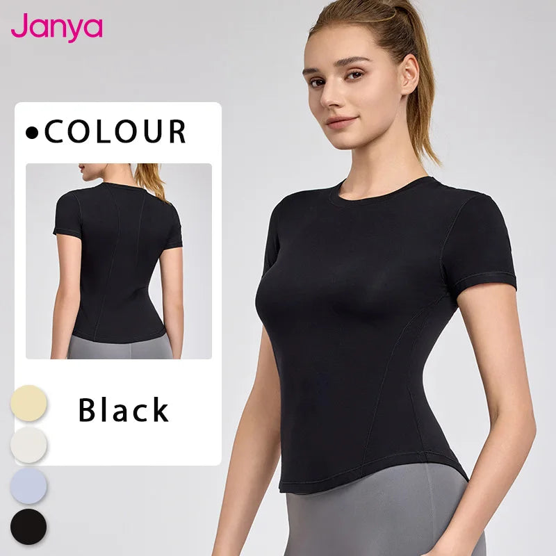Janya Yoga Workout Shirts Summer Short Sleeve Athletic Sports Tops Breathable Crop Top Shirt Training Fitness Wear for Women MegaBDM
