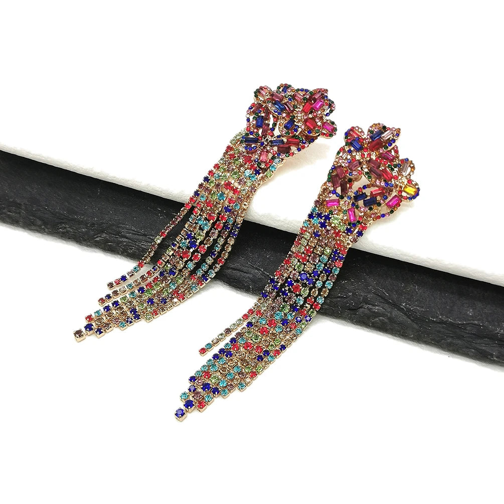 Top Sale Luxury Zircon Statement Bling Dangle Tassel Earrings Handmade Rhinestone Flower Drop Earrings Wedding Party Jewelry