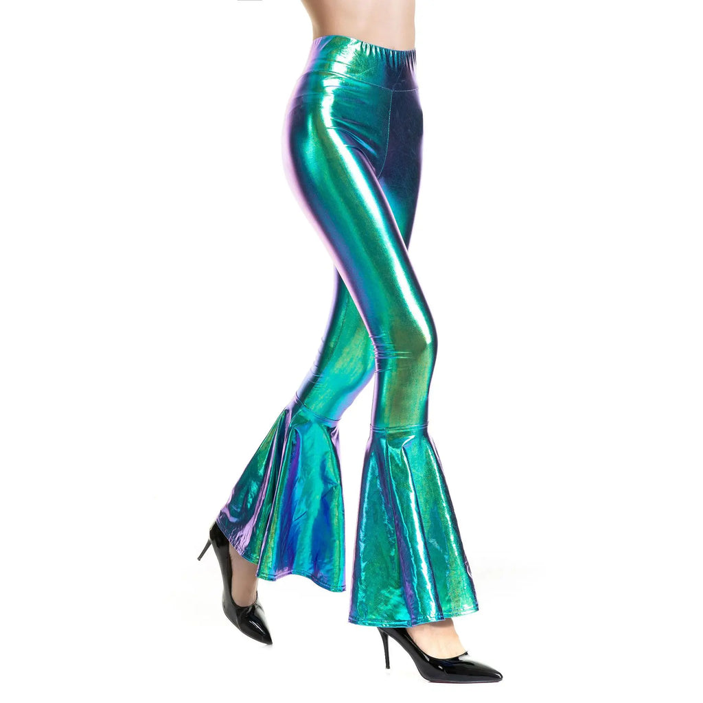 Women Metallic Shiny Latex Flared Long Leggings Sexy Stretchy Bell-bottom Pants for Lady