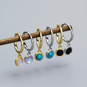 INS Hot Selling 925 Sterling Silver Luxury Moonstone/black Agate/turquoise Charm Hoop Earrings for Ladies