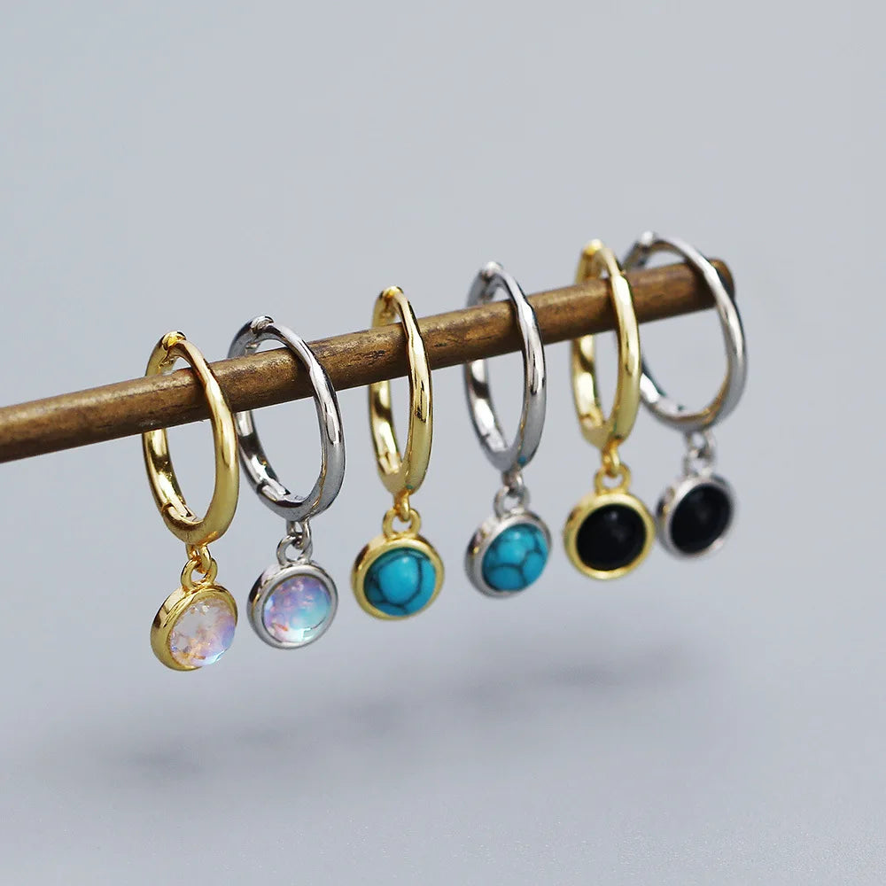 INS Hot Selling 925 Sterling Silver Luxury Moonstone/black Agate/turquoise Charm Hoop Earrings for Ladies