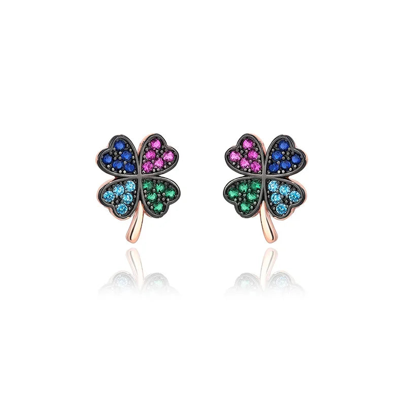 Fashion 925 Sterling Silver Colorful Zircon Four-leaf Clover Stud Earrings Lucky Floral Heart Design Jewelry for Women