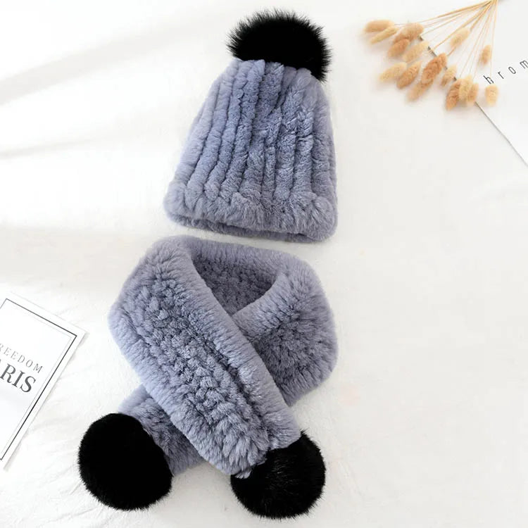 MWFur Winter Thicken Elastic Beanies for Children Kids Rex Rabbit Fur Hat and Scarf Set with Fox Fur Pom Poms Cute Lovely