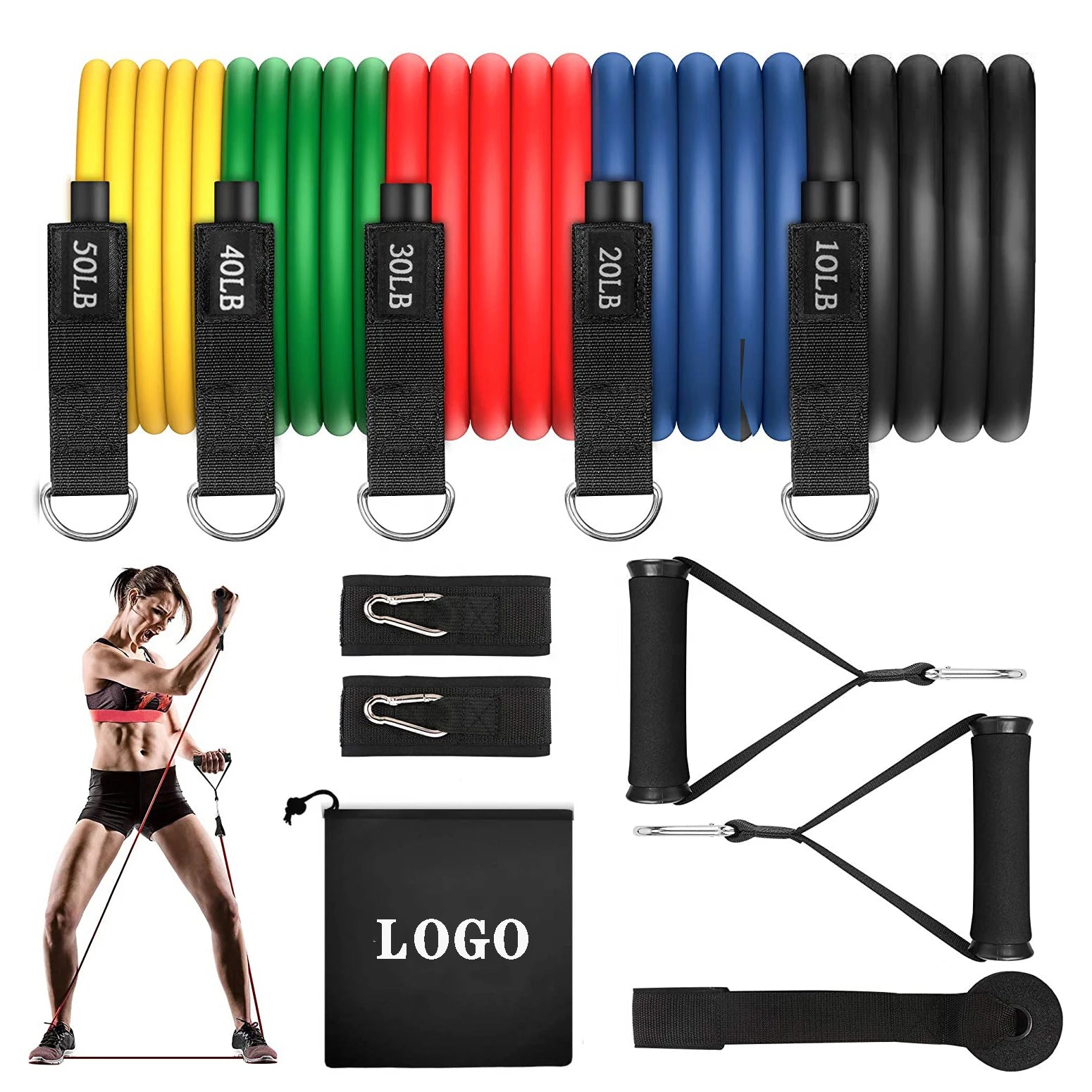 11pcs 150lb Workout Stackable Exercise Resistance Tubes Bands Set with Door Anchor Handles for Fitness Yoga Home Gym Equipment