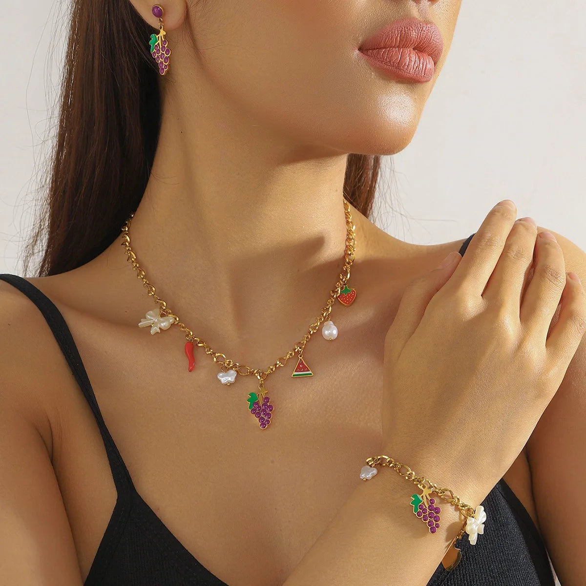 2025 Latest Creative Cartoon Cute Dripping Oil Fruit Grape Pineapple Cherry Bow Shell Gold Plated Stainless Steel Jewelry Set