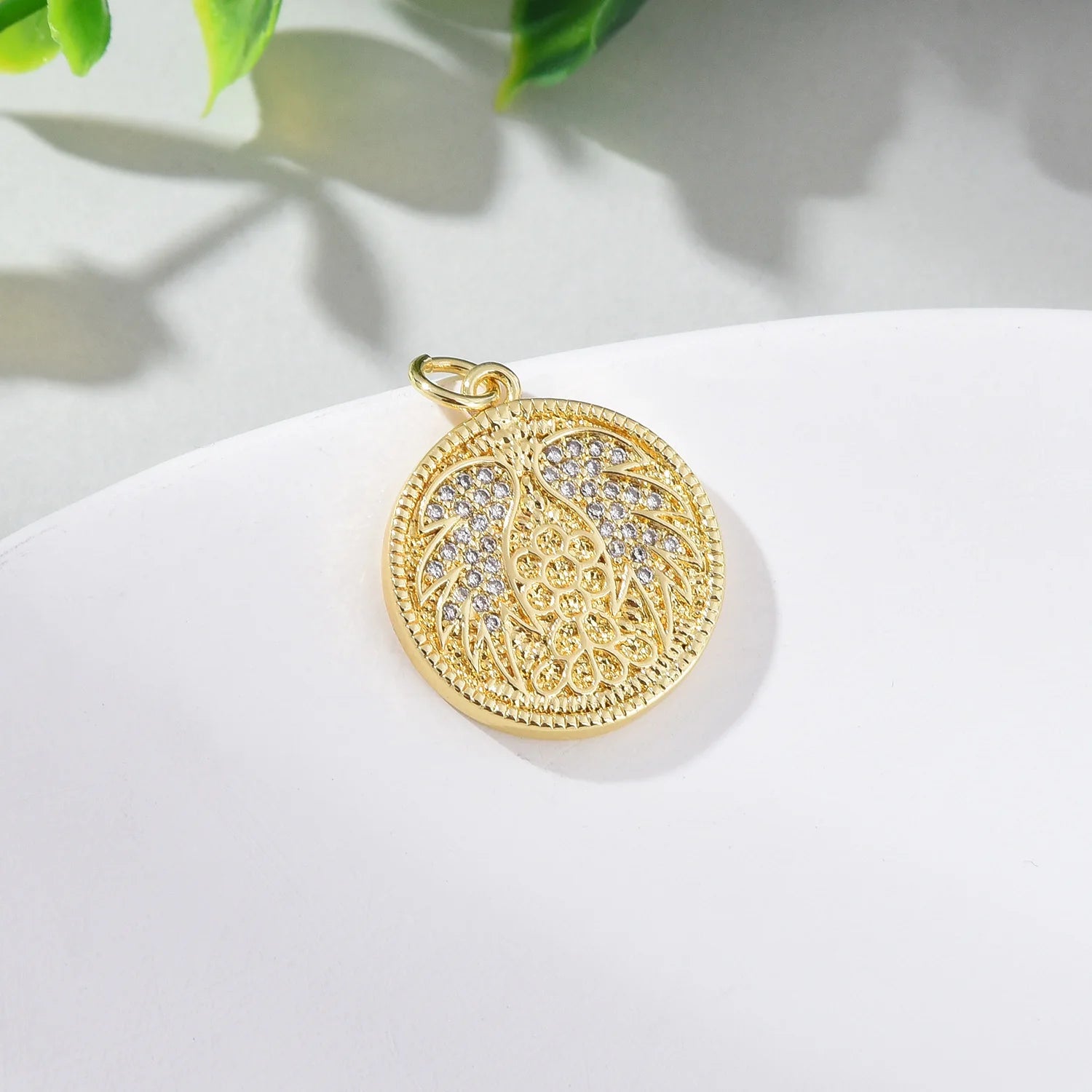 Embossed CZ Angel Wing Charm 18K Gold Filled Minimalist Pendant 18mm Round Necklace Minimalist Charm DIY Jewelry