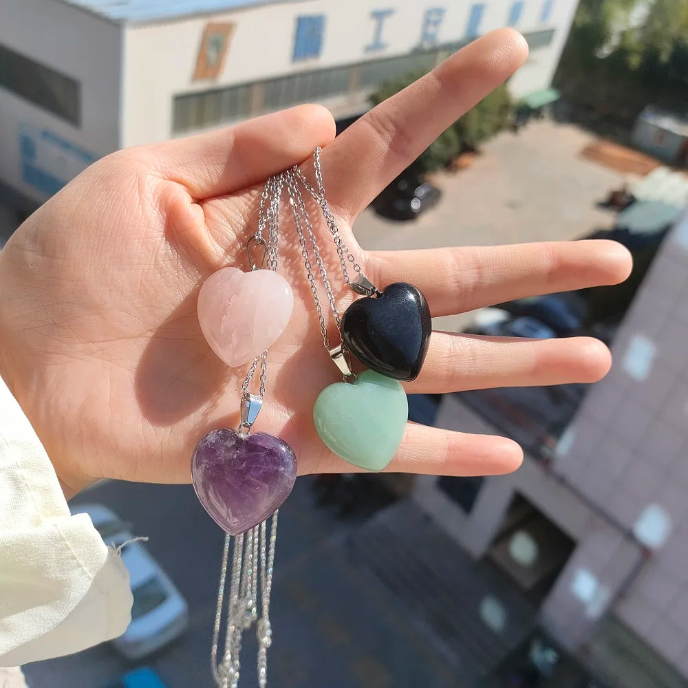 Wholesale Fashion Tarnish Free Silver Stainless Steel Chains Natural Gem Stone Crystal Heart Pendant Necklace for Women Men