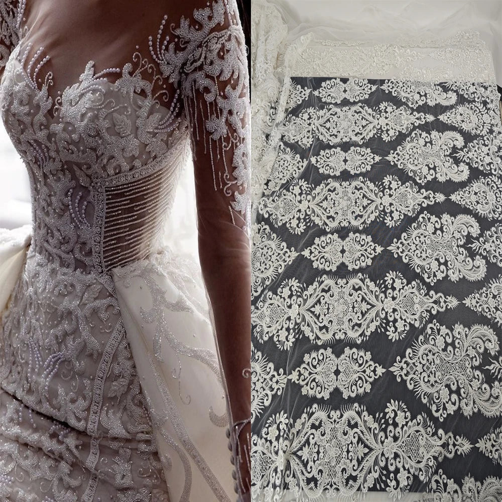 Heavy Beaded Luxury 3D Lace Fabric Bridal Lace Fabric Embroidered Tulle Sequins French Lace for Wedding Dress