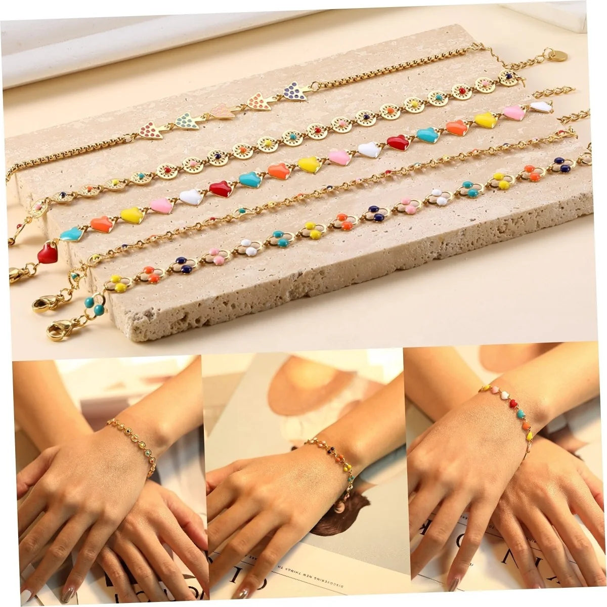 Waterproof Jewelry Colorful Thin Chain 18k Gold Plated Gift Stainless Steel Drop Oil Bead Mini Bracelet for Women