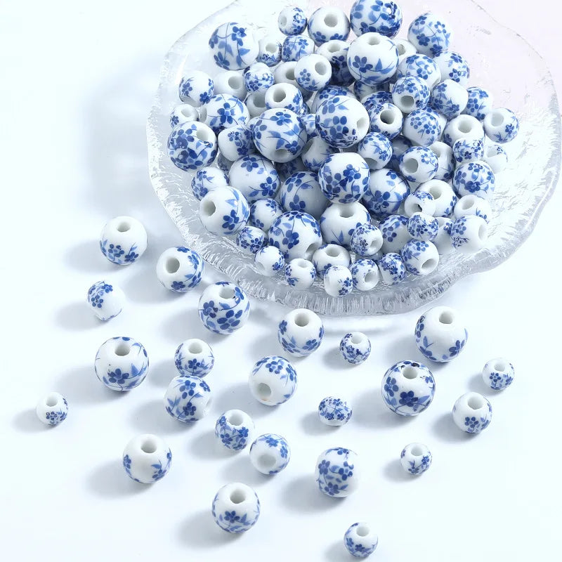 Simple  6 8 10 12mm Porcelain Charms Handmade Applique Blue Flower Loose Beaded Charm for DIY Jewelry Making Accessories