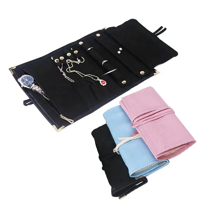 Wholesale PU Leather 22X29cm Travel Jewelry Folding Roll Bag Organizer Microfiber Lining Custom Logo for Necklace Earring Ring
