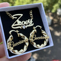 QIUHAN Personalized Nameplate Heart Zircon Necklace Letter Name Hoop Earrings Custom Name Jewelry Set