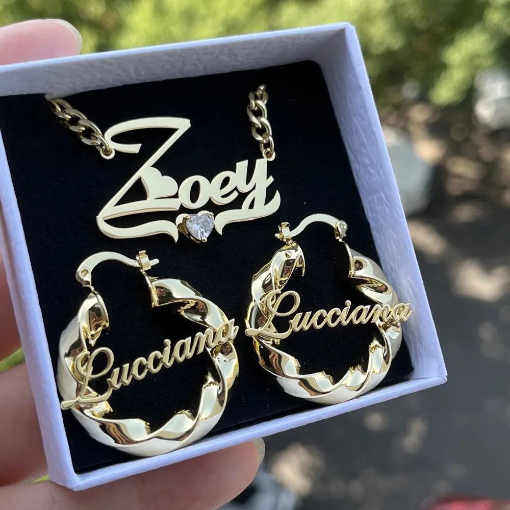 QIUHAN Personalized Nameplate Heart Zircon Necklace Letter Name Hoop Earrings Custom Name Jewelry Set