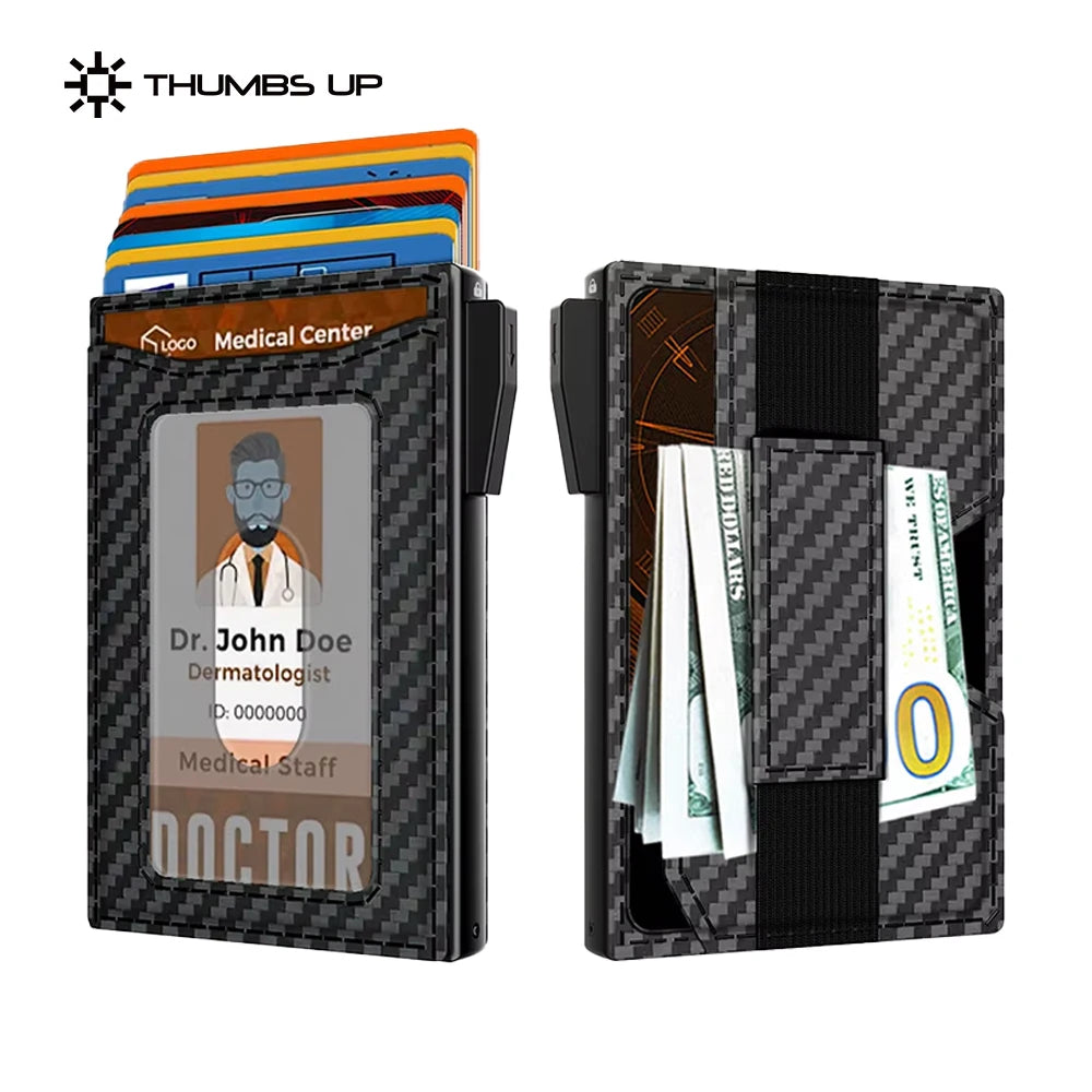 THUMBS-UP Carbon Fiber Slim ID Window RFID Blocking Short Length Pop up Minimalist Smart Aluminum Wallet for Men