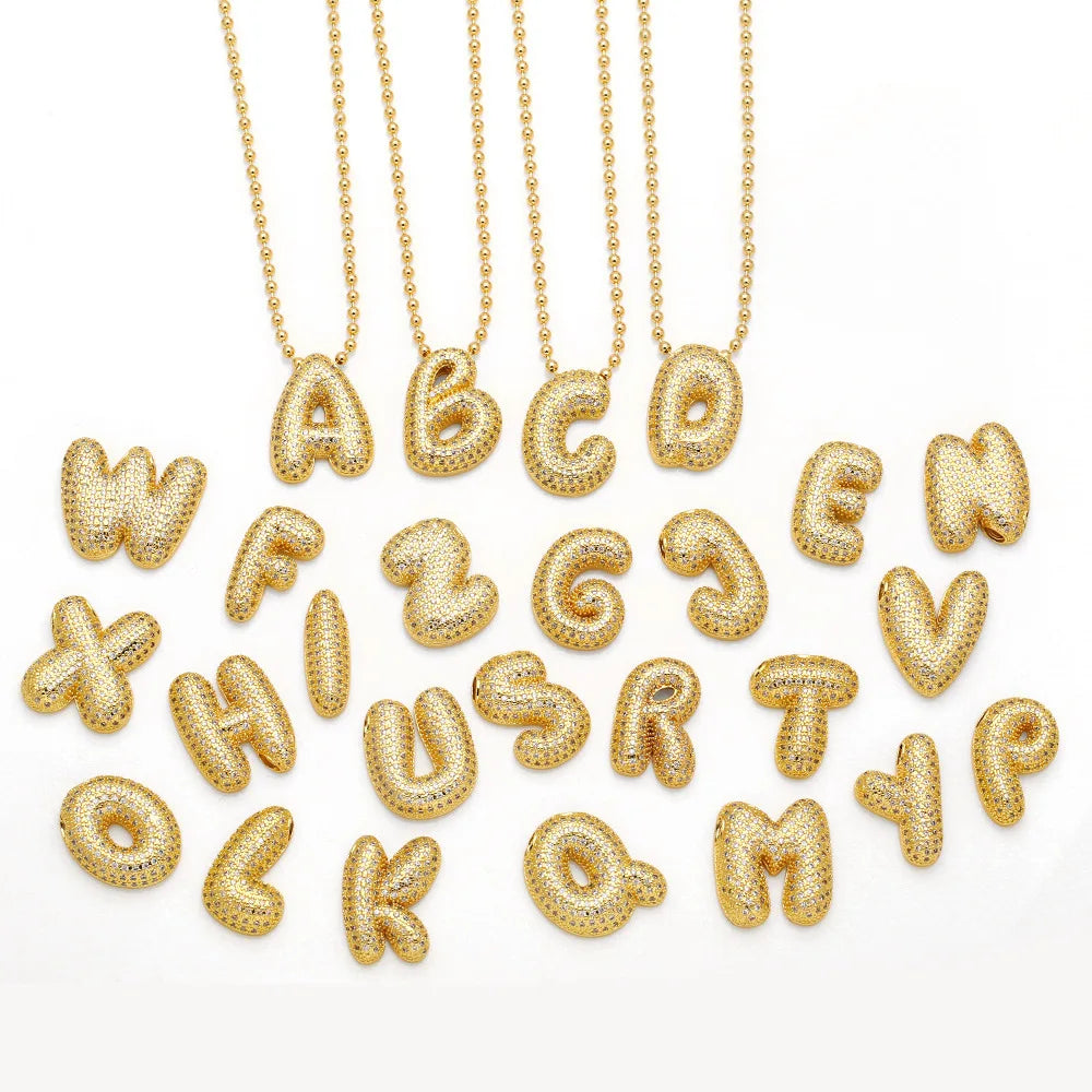 Women Trendy Single Letter Necklace Micro Pave Cz Bubble 26 Letter Necklace