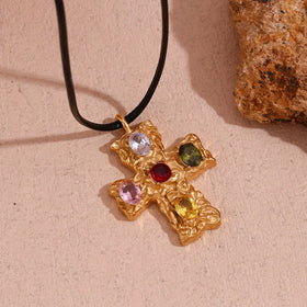 Dreamshow Colorful Zircon Cross Pendant Necklace for Women Rope Chain Gold Plated Jewelry Stainless Steel Necklace