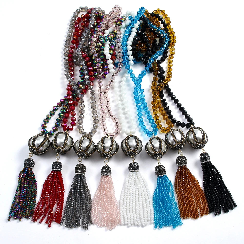 8mm Multicolor Crystal Glass Necklace Knotted Handmade Paved Big Pearl Ball and Tassel Necklace