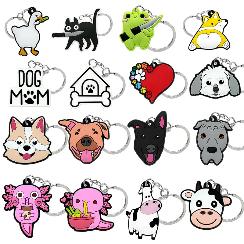 Custom 2D Soft PVC Rubber Keychain Dog Frog Cat Cartoon Animal Key Ring for Kids & Schoolbags Wholesale Key Holder with Trinkets