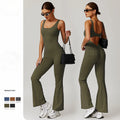 Women's Square Neck Backless Cutout One Piece Workout Bodycon Jumpsuit Solid Pattern Yoga Flare Pocket Breathable Lightweight
