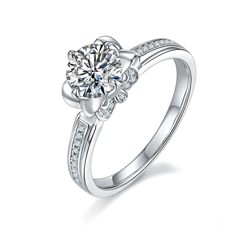 Rinntin SMR90 Rhodium-Plated Moissanite 925 Sterling Silver Ring Proposal Classic Flower Style Band Ring