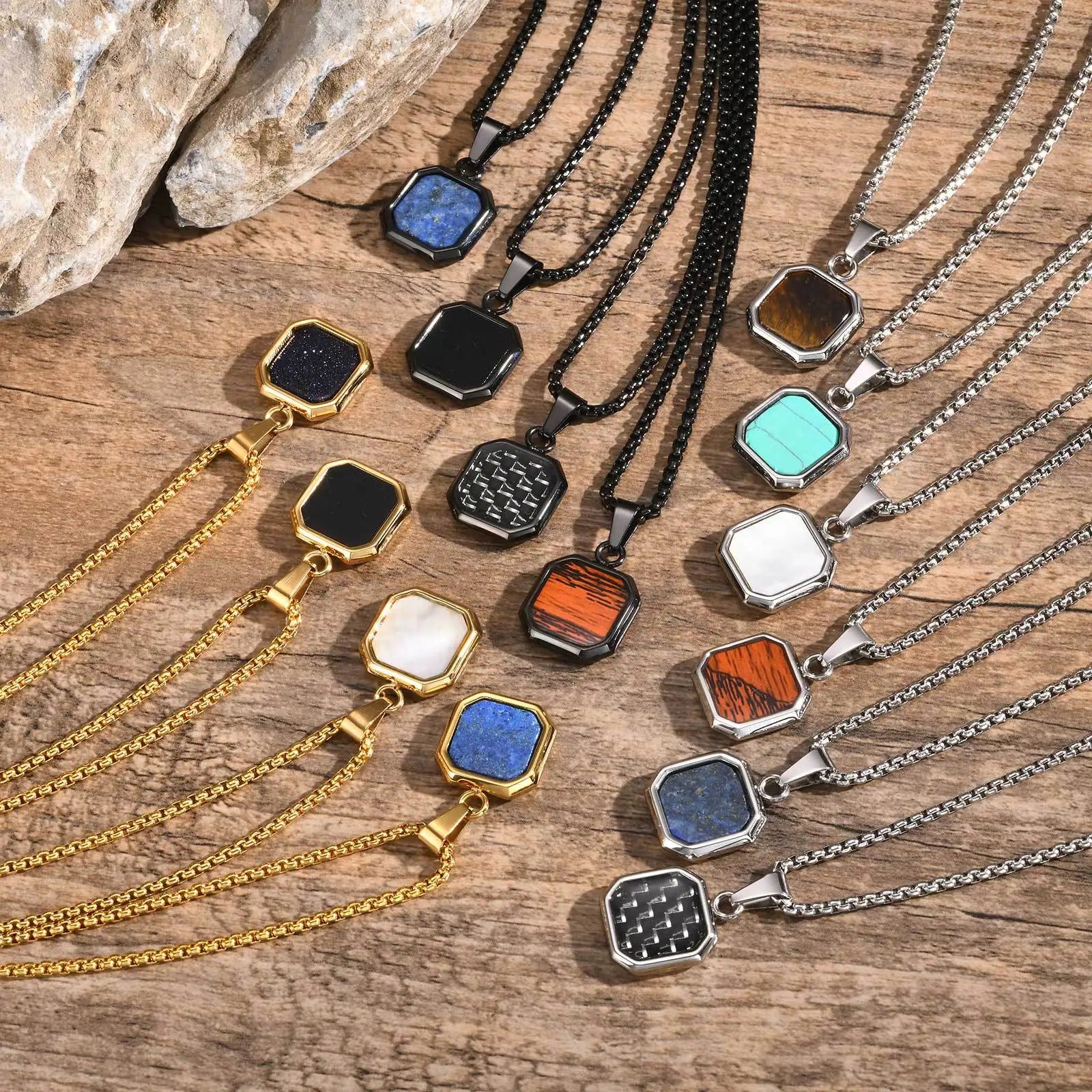 Hot Selling Geometric Square Epoxy Pendant Wholesale Long Sweater Chain Necklace Stainless Steel Jewelry for Men NC-892
