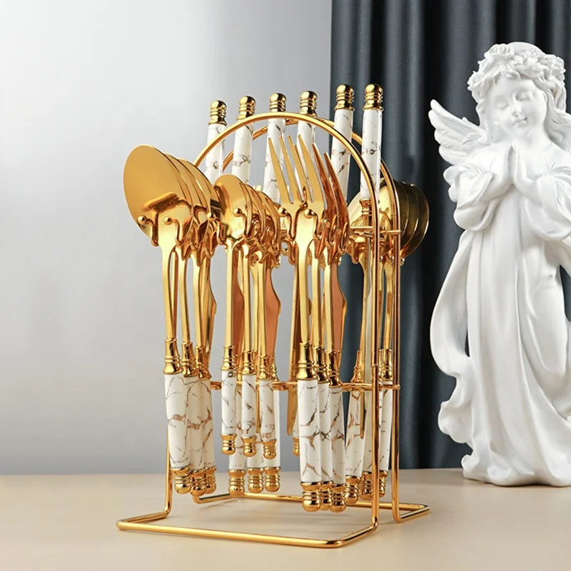 Palace Style 24pcs Retro Ceramic Handle Cutlery Stainless Steel Flatware Set with Luxury Holder