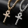 Hip Hop Egypt Choker Jewelry Iced Out Zircon Ankh Cross Pendant Necklace Gold Plated Link Chain