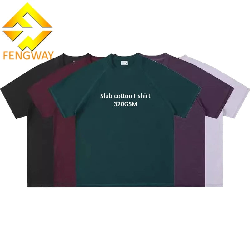 Custom Men's Slub Cotton T-Shirts Solid O-Neck 320g Bamboo Fabric Eco-friendly Soft Heavy 100% Cotton