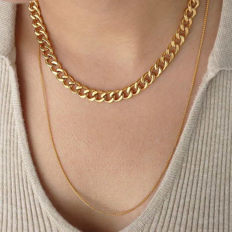 Non Tarnish 18K Gold Cuban Link Chain Layered Necklace for Women Fashion Stainless Steel Women's Gold Plated Cuban Chains