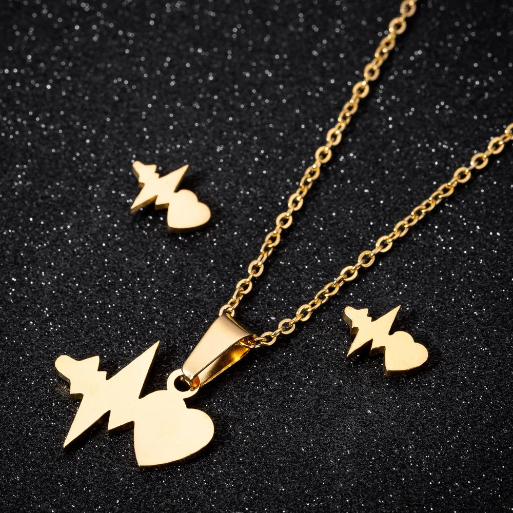 Dainty 18K Gold Plated Stainless Steel Heartbeat ECG Pendant Earring Necklace Jewelry Set for Women