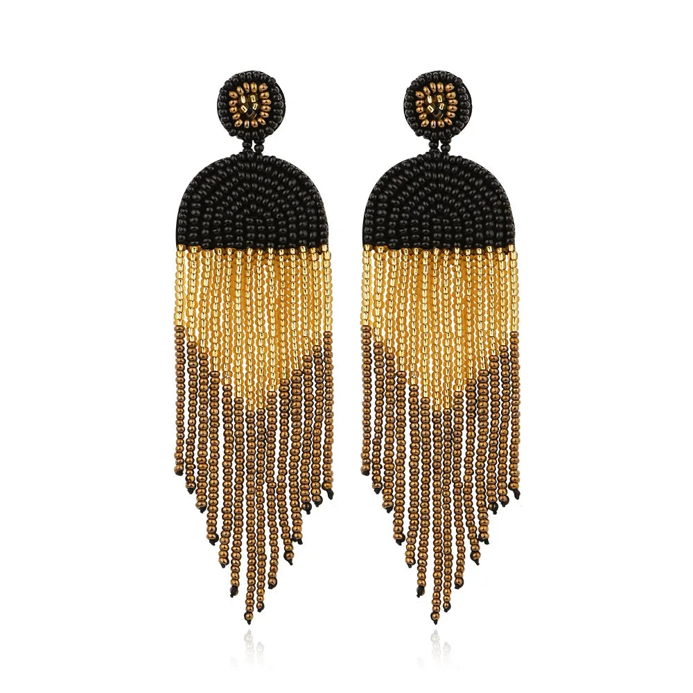 Fashion Earrings Trend 2022 Handmade Beaded Colored Rice Beads Statement Dangle Fringe Long Stud Bohemian Tassel Earrings