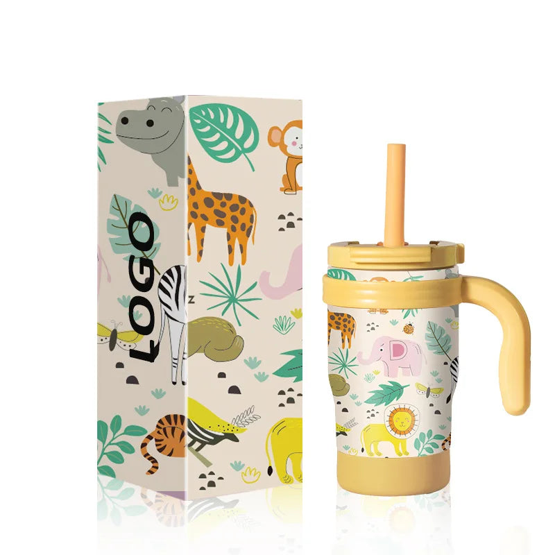 Custom logo Wholesales 14oz Kids Tumbler Double Wall 304 Stainless Steel with New Lid and Handle and Silicone Anti-slip Bottom