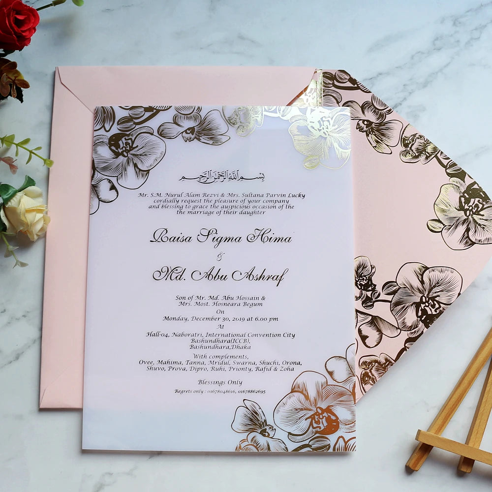 White Acrylic Wedding Invitation pink Envelope with Printed Flowers
