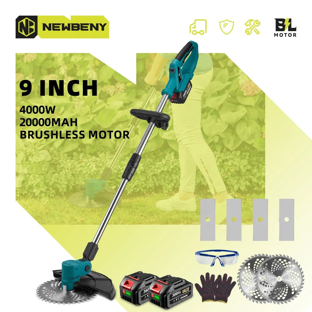 NewBeny Cordless Electric Brushless Lawn Mower 4000W 9 Inch Rechargeable Battery Grass Trimmer Garden Tool for Pruning
