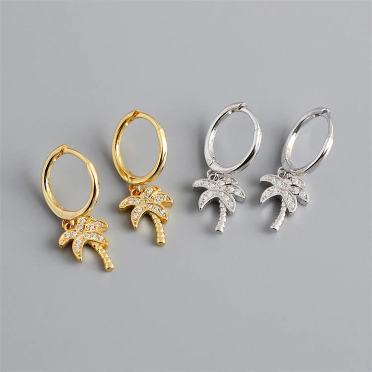 Summer Fashion 18k Gold 925 Sterling Silver Palm Tree Zircon Hoop Earrings for Women
