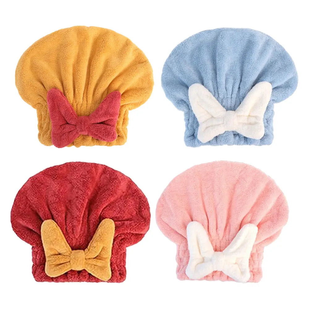 Coral Velvet Hair Drying Towels Super Absorbent Turban Hair Towel Cap Quick Dry Head Wrap with Bow-Knot Shower Cap for Wet Hair