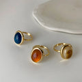 French Vintage Style Open Adjustable Size Gold Plated Oval Shaped Resin Rings Jewelry for Valentines Day Gifts