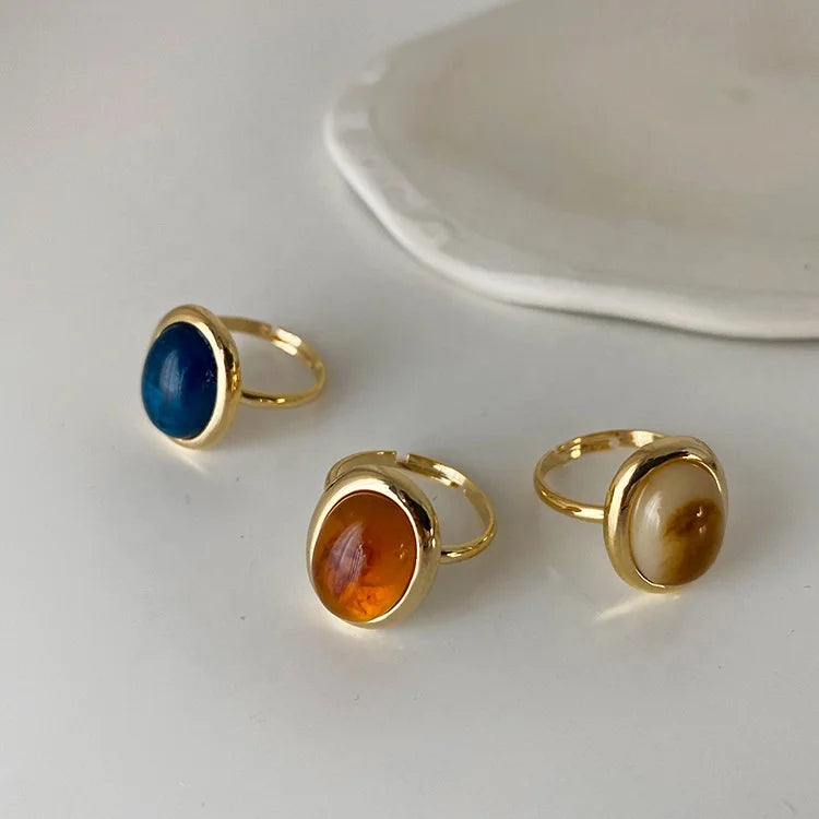 French Vintage Style Open Adjustable Size Gold Plated Oval Shaped Resin Rings Jewelry for Valentines Day Gifts