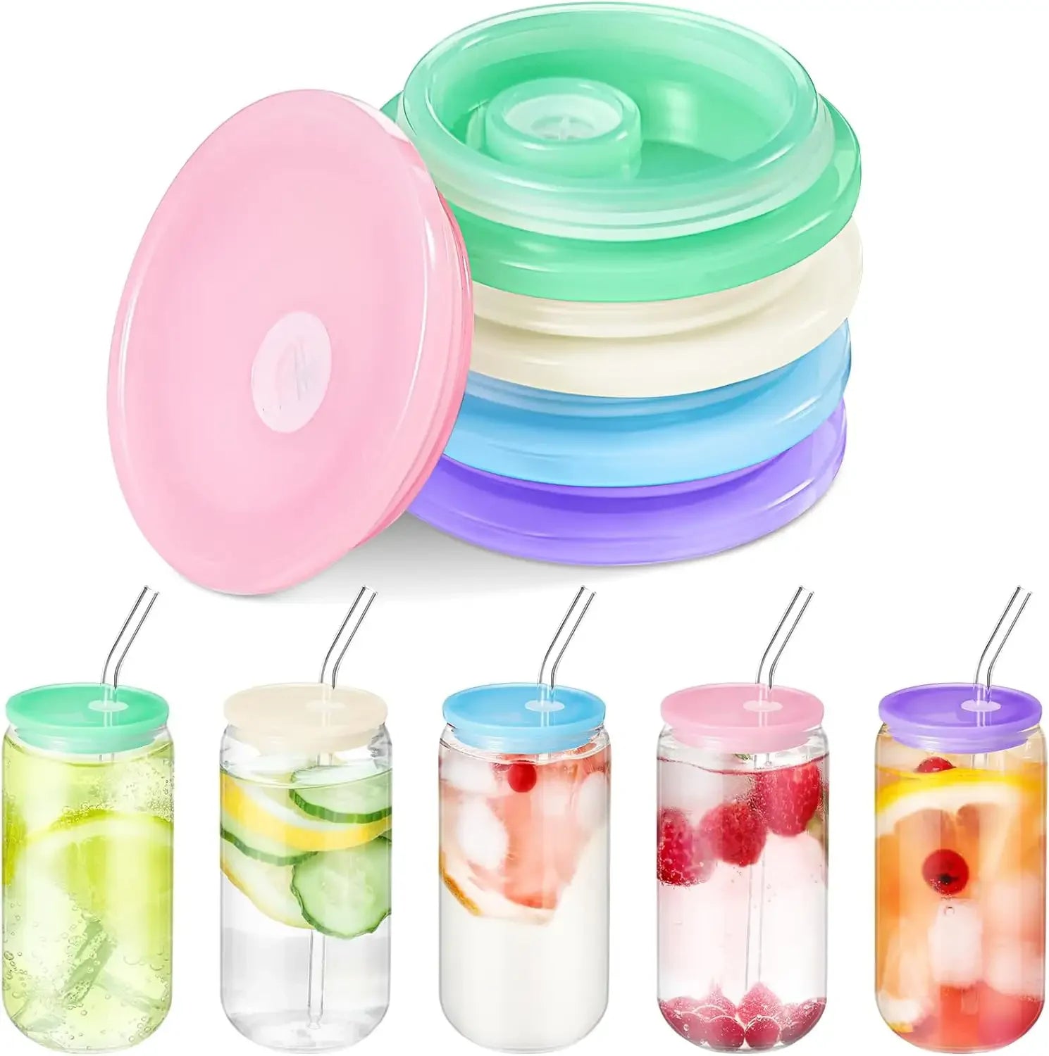 16oz 18oz Colorful Acrylic Lid Clear Beer Can Tumbler Jar Can Shaped Borosilicate Glass Cups with Colored Acrylic Lids