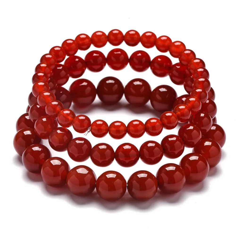925 Sterling Silver 6mm Red Agate Stone Bead Couple Bracelet Unisex Trendy Jewelry for Wedding Anniversary or Gift