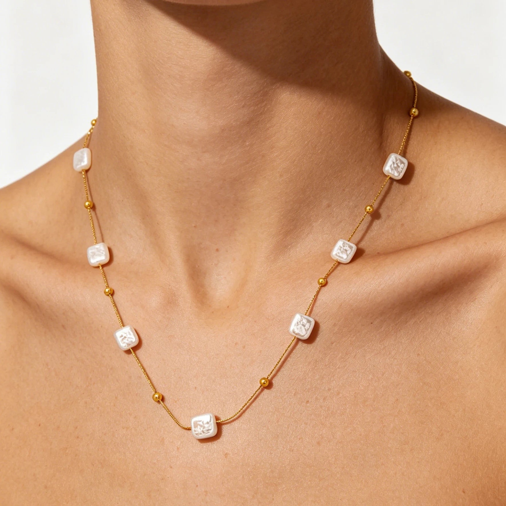 Maiou Waterproof Stainless Steel 18K Gold Plated Vintage Designer Square Faux Pearl Chain Necklace for Women and Girls Jewelry
